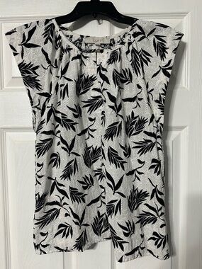 LOFT Leaf-Print Eyelet Cap Sleeve Blouse